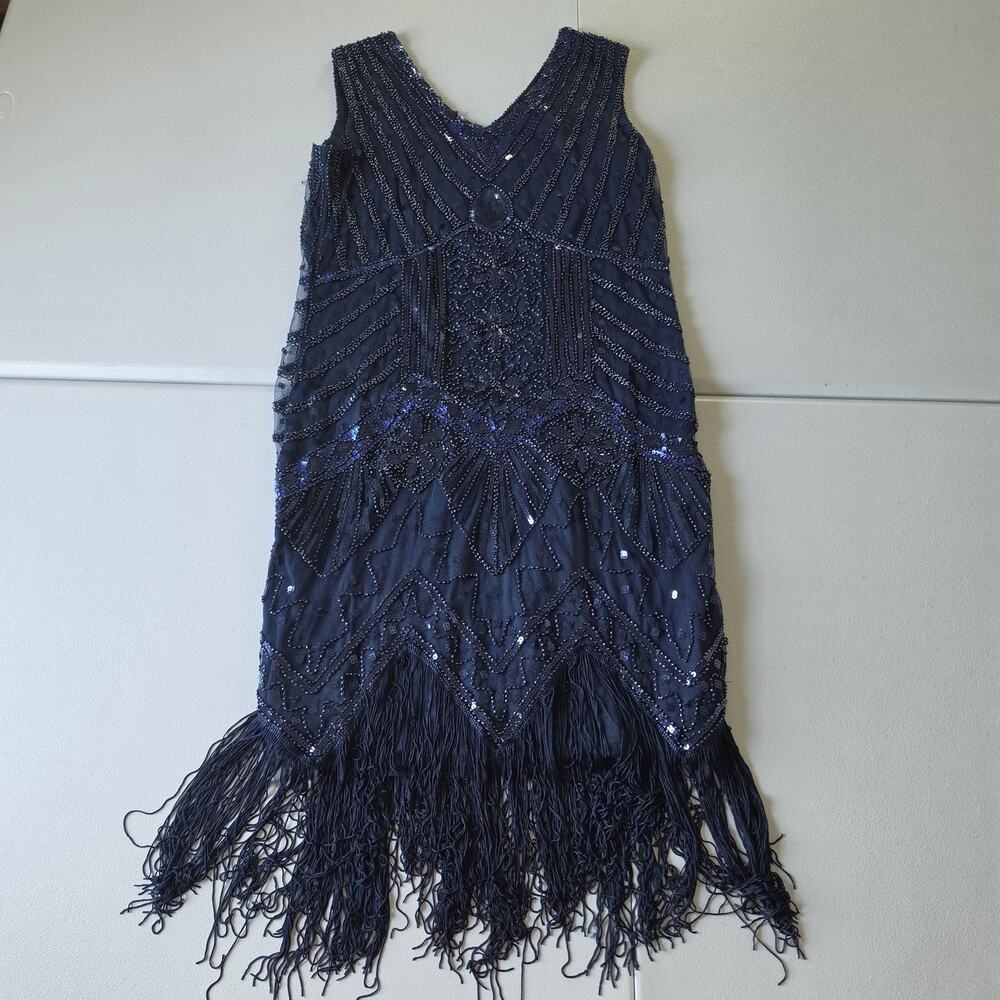 PrettyGuide Dress Women Plus 2XL Blue Sequin Fringe 20s Flapper Gatsby Party